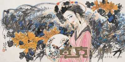 林墉 1992年作 执扇图 镜心 68×137cm